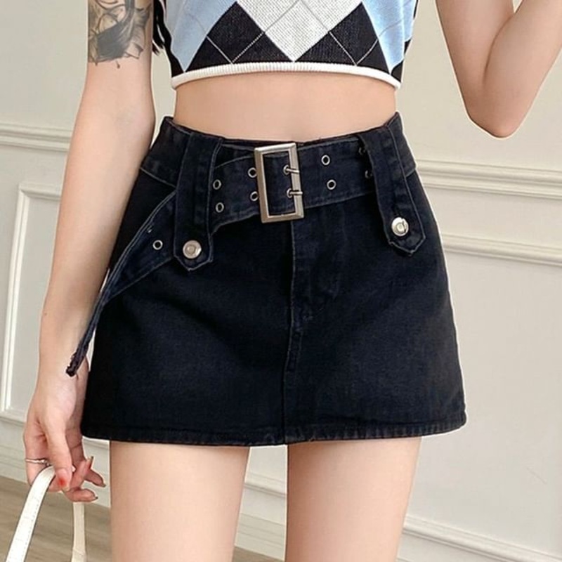 Waist A-Line Mini Skirt Denim High
