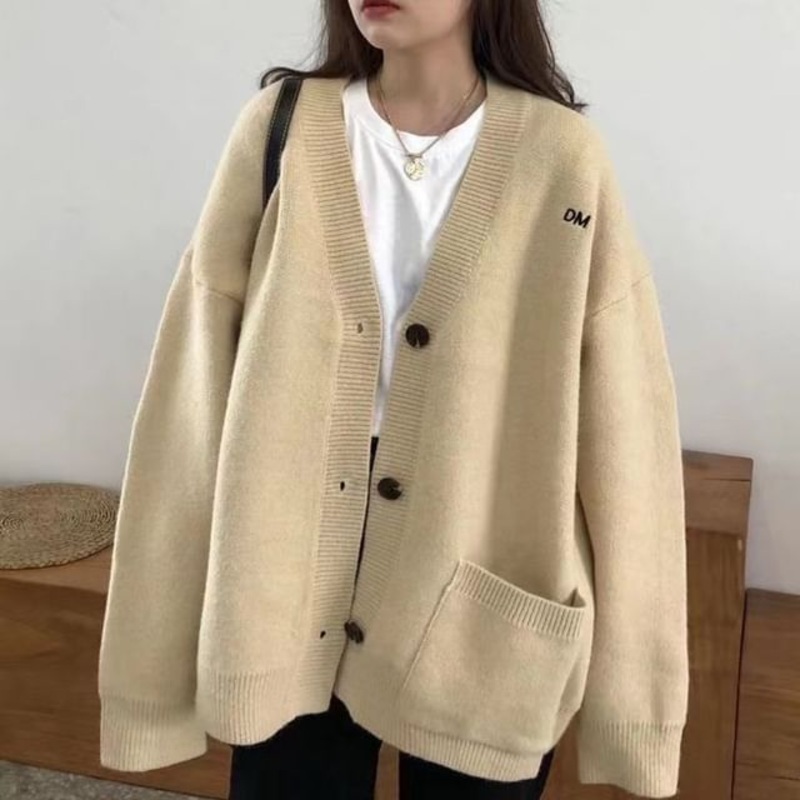 Button-Up Cardigan V-Neck Letter Embroidered