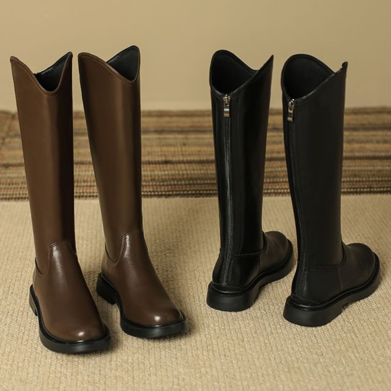Faux Boots Leather Platform Zip-Up Plain Tall