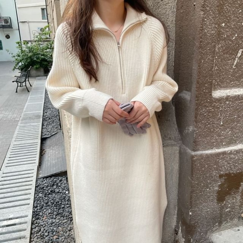 Midi Half-Zip Dress Ribbed Long-Sleeve Sweater Plain