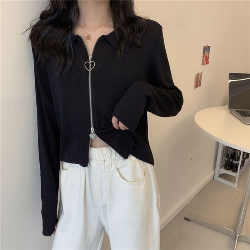 Plain Cardigan Collared Zip
