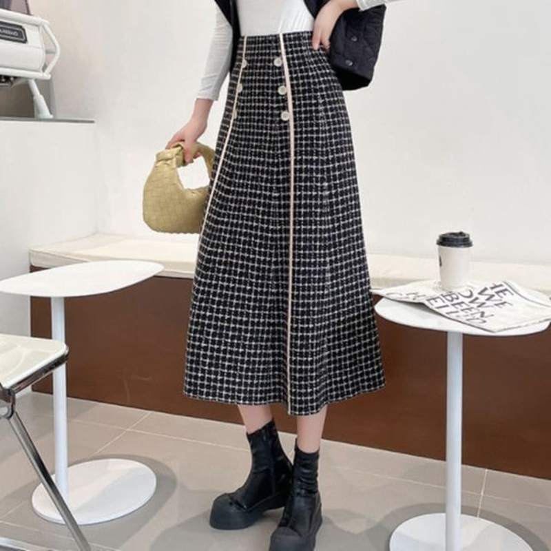 Skirt Knit Plaid High Waist Midi A-Line