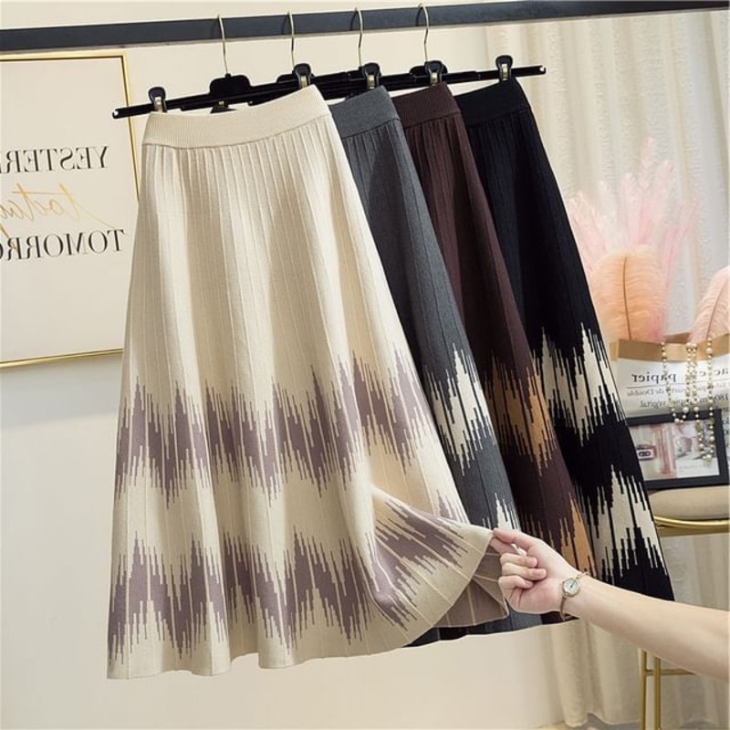 Waist Printed Skirt A-Line Knit Midi High