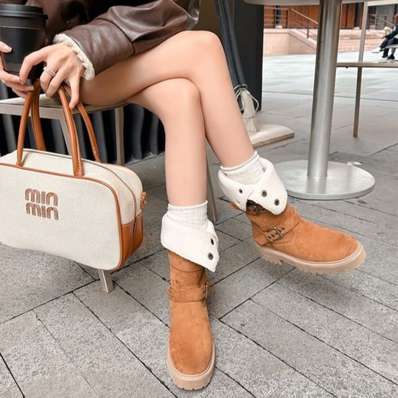 Button Buckled Calf Boots Platform Mid