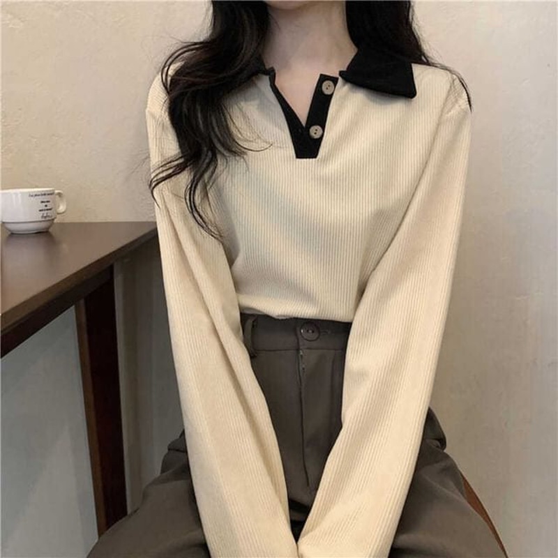 Contrast Polo Long-Sleeve Trim Ribbed Shirt
