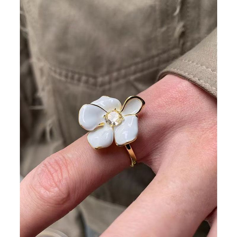 Copper Rings Zircon Overgild Open Floral Chic White