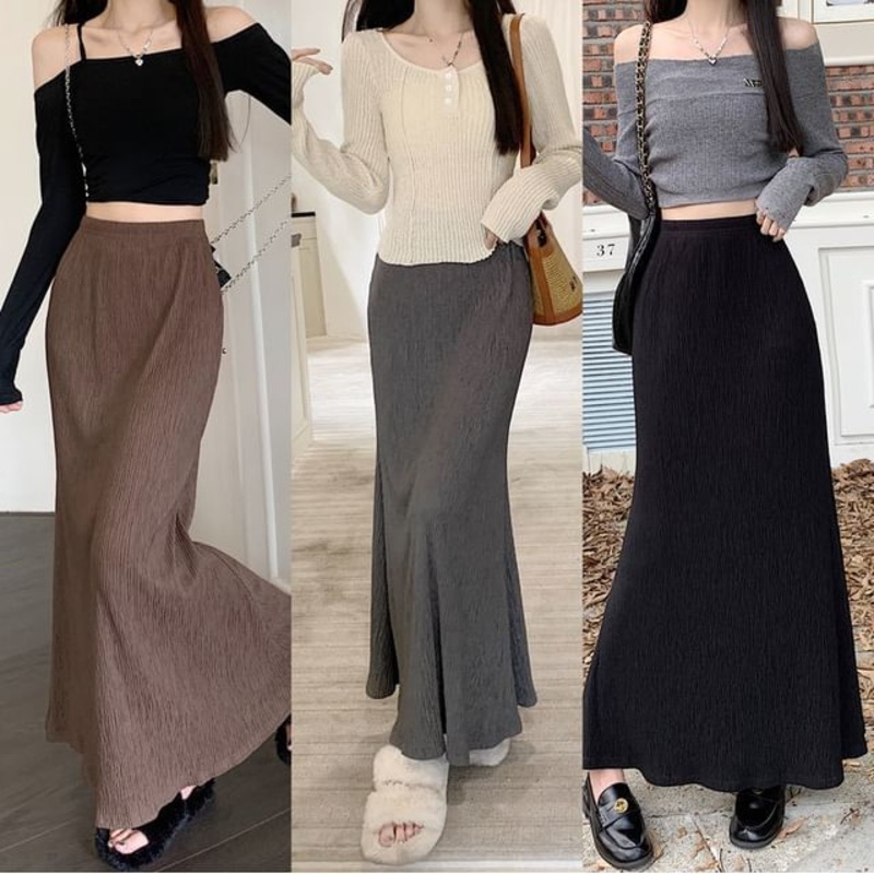 Elastic Midi Plain Skirt Waist A-Line