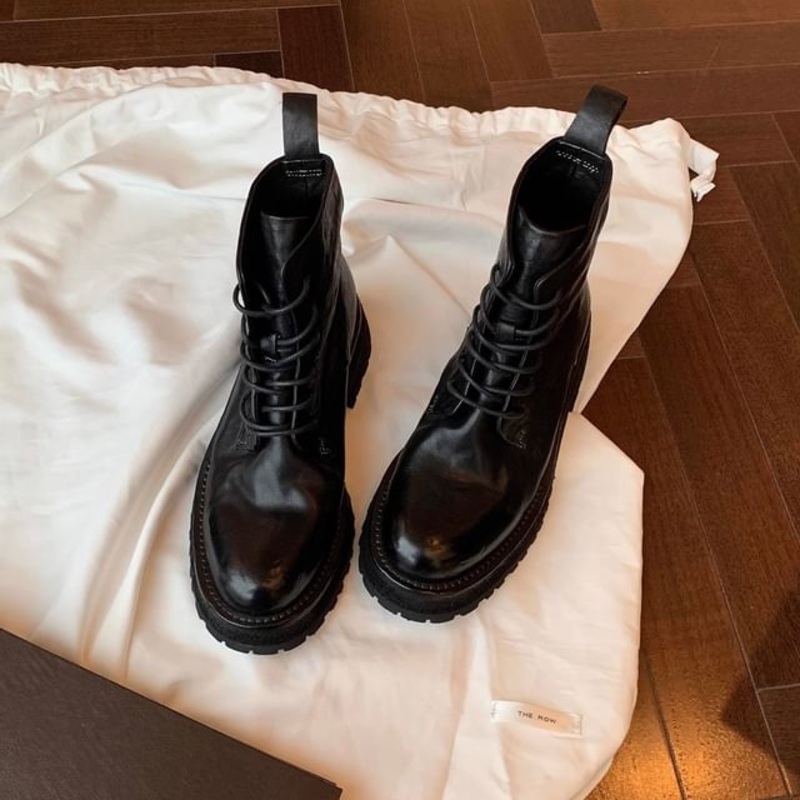 Plain Platform Short Boots Leather Genuine Lace-Up