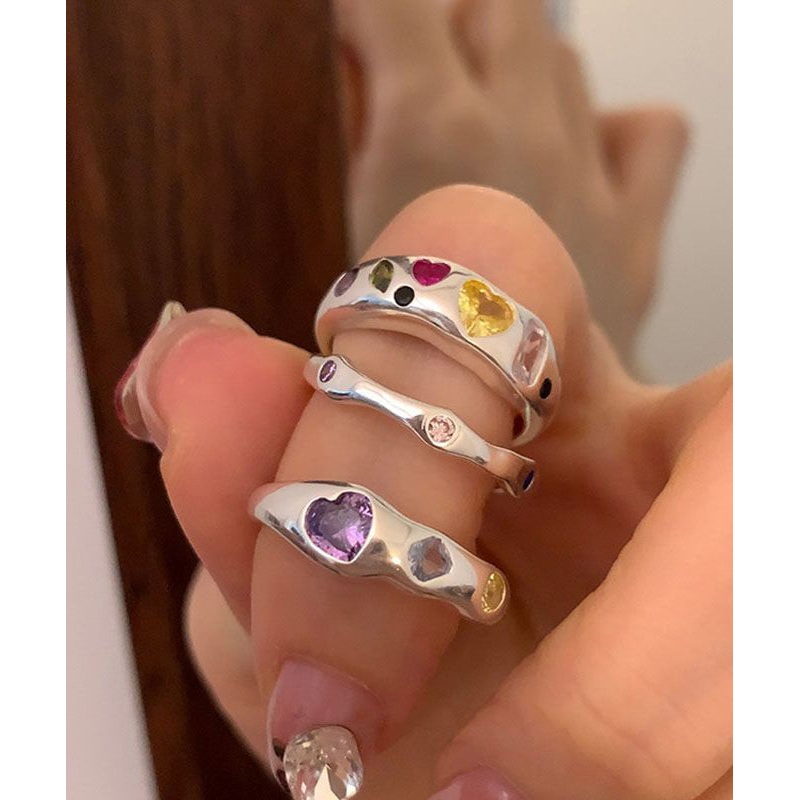 Rainbow Asymmetrical Stainless Steel Set Boutique Rings Three Love Piece Zircon