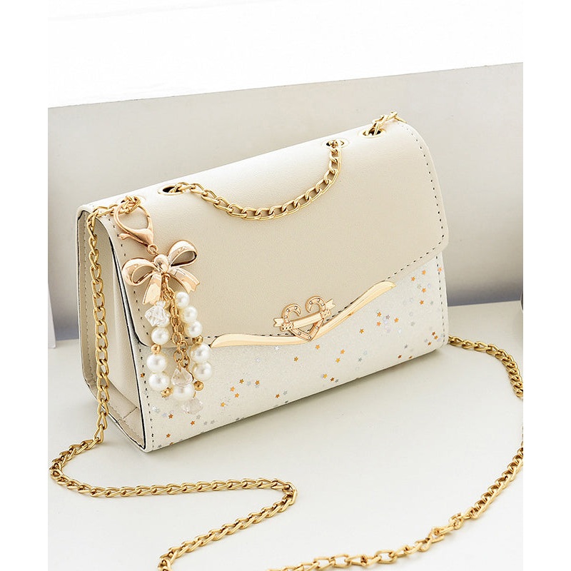 Stylish Bag Faux Chain Linked Flap Beige Leather