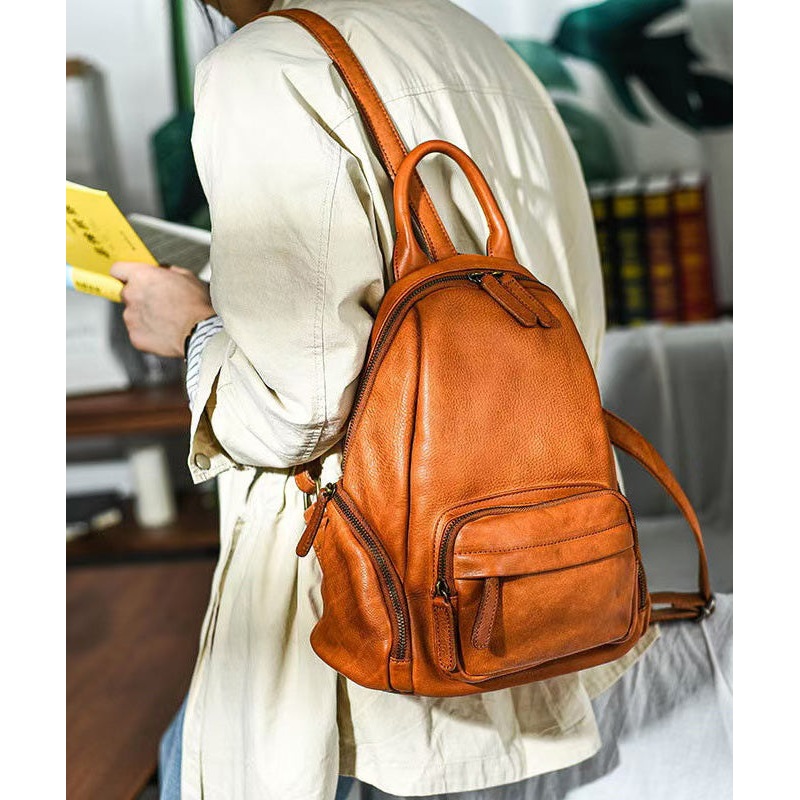 Tote Leather Backpack Handbag Large Capacity Orange Casual
