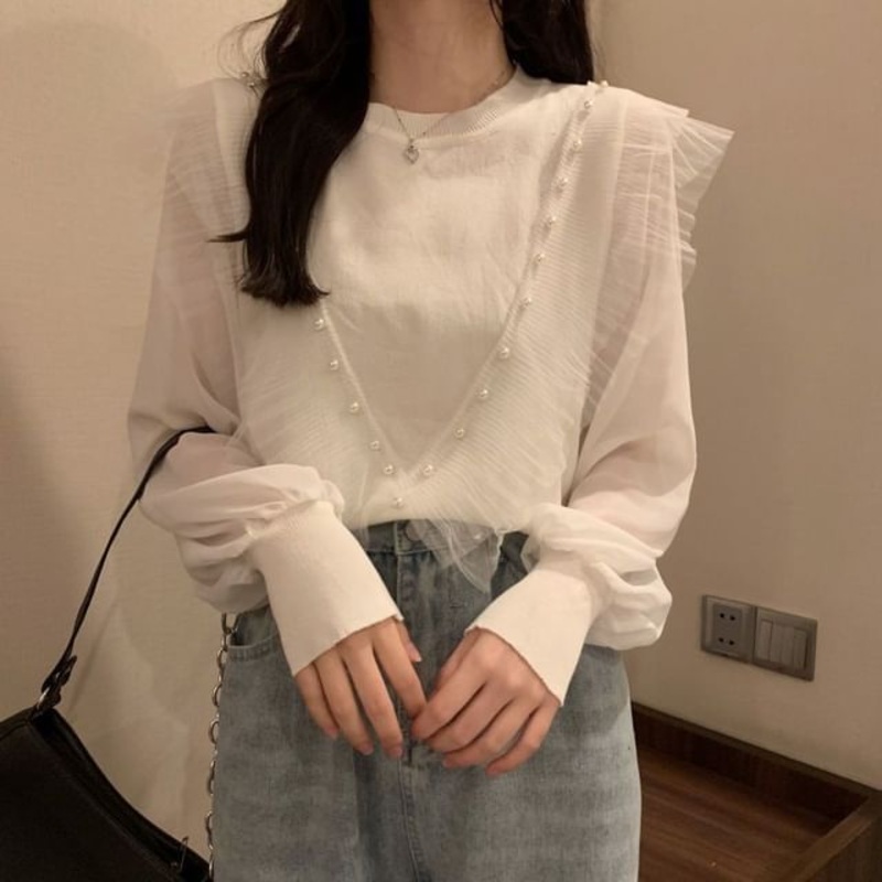 Trim Faux Neck Top Crew Ruffle Long-Sleeve Knit Plain Pearl