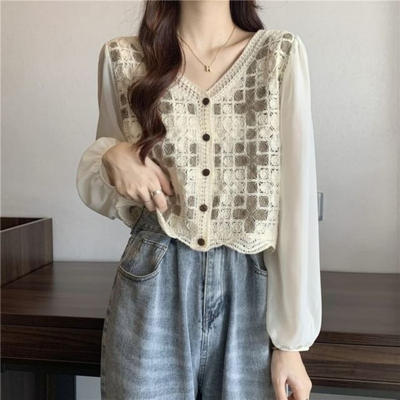 V-Neck Crochet Long-Sleeve Knit Blouse Panel