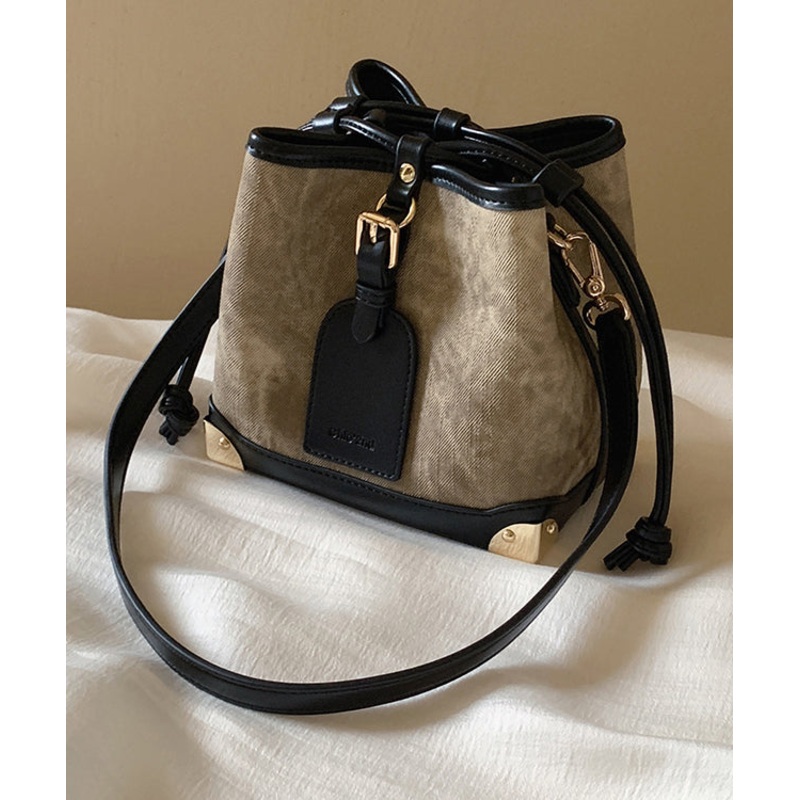 Women Black Faux Bucket Bag Leather Drawstring