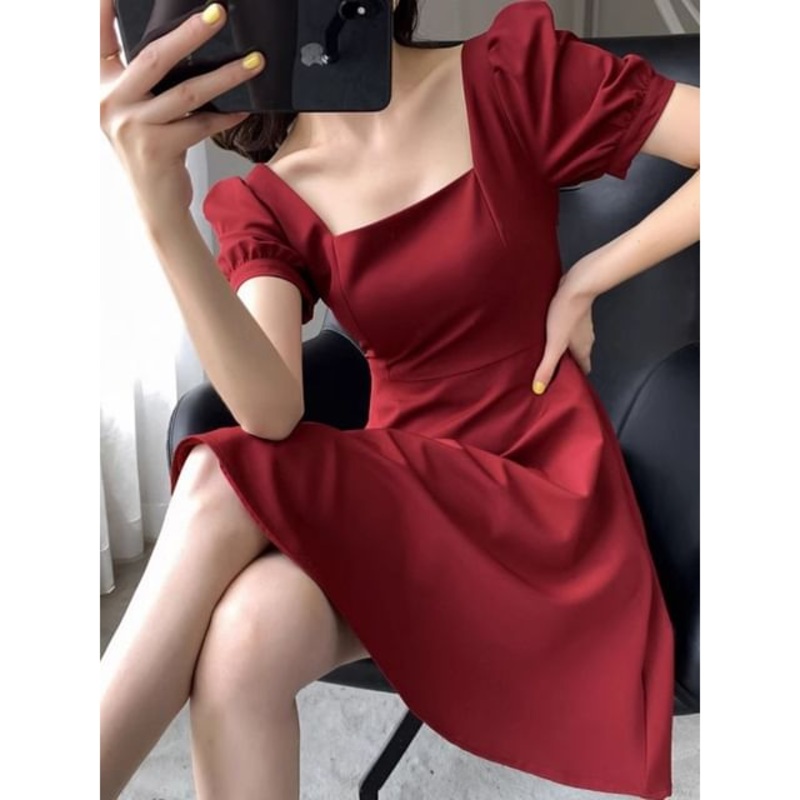 A-Line Puff Neck Mini Square Dress Sleeve Plain