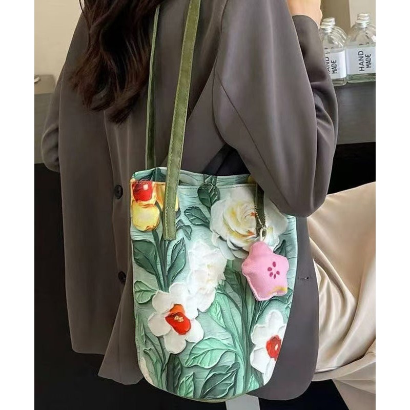 Bag Green Bucket Capacity Large Grass Paitings Chic