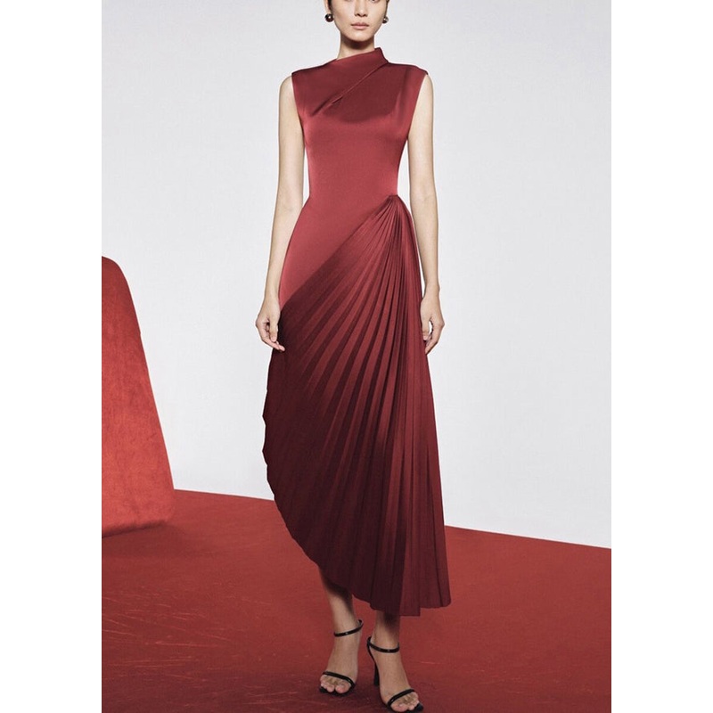 Asymmetrical Sleeveless Dress Fine Red Long Silk Wrinkled