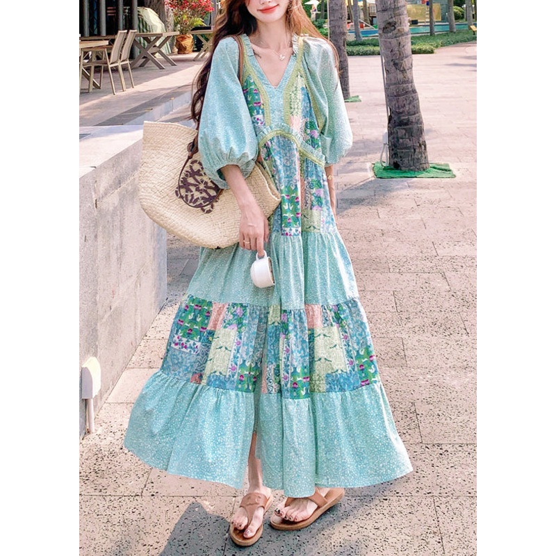 Blue Side Cotton Dresses Half Open Bohemian Maxi Print Patchwork