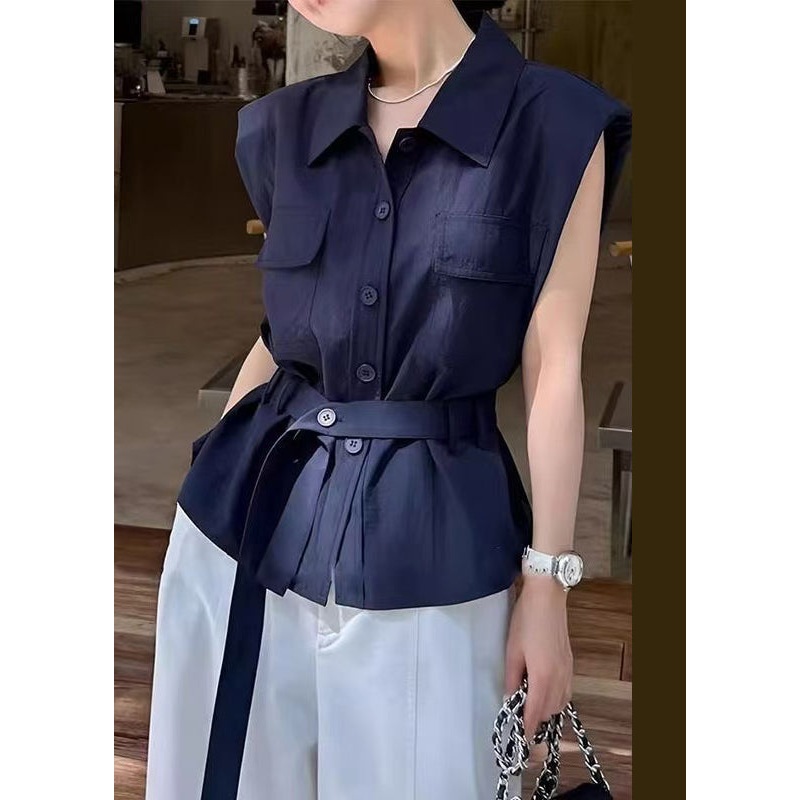 Cotton Navy Pan Button Sleeveless Collar Shirt Peter Women