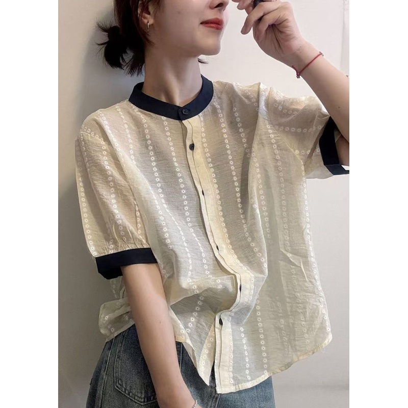 Embroidered Button Cotton Apricot Summer Elegant Shirts