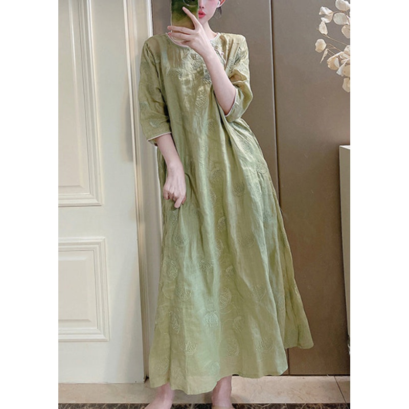 Green Set Linen Embroidered Sleeve Bracelet Pockets Two Pieces