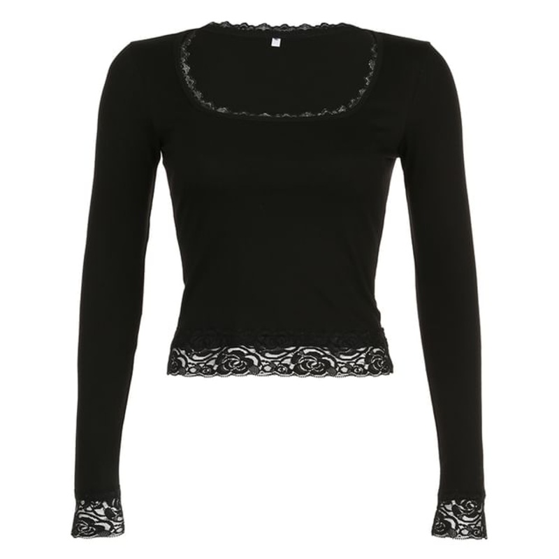 Long-Sleeve Top Cropped Lace Square-Neck