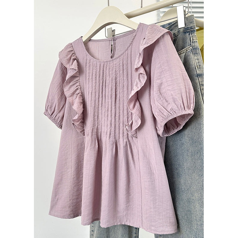 O Neck Loose Cotton Wrinkled Blouse Summer Purple