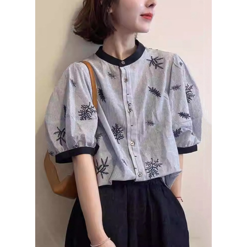 Striped Blouses Summer O Cotton Art Neck Patchwork Embroidered