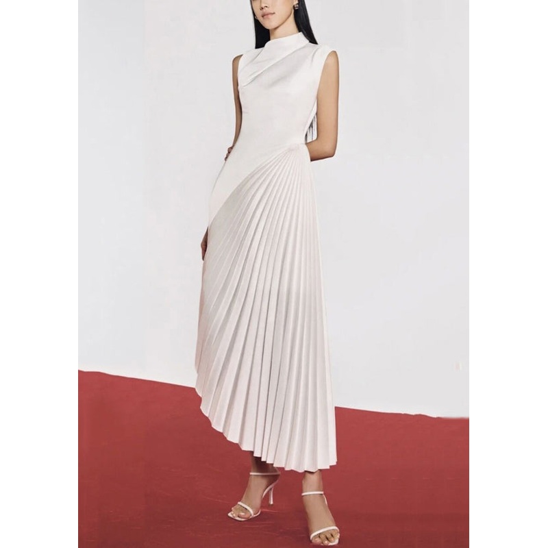 Summer Dresses White Wrinkled Asymmetrical Long Solid Silk