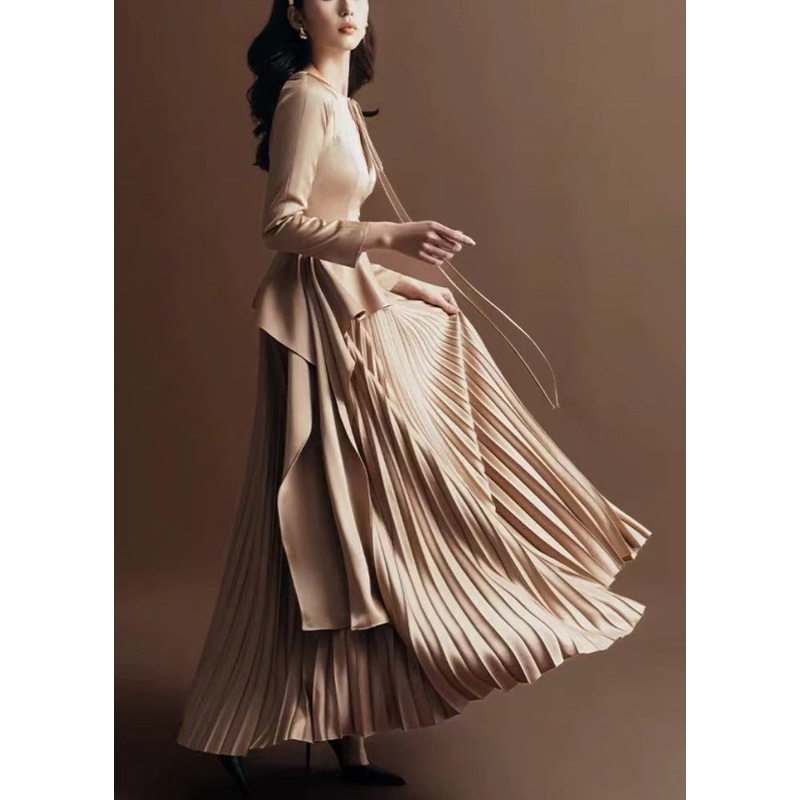 Up Lace Novelty Fall Dress Wrinkled Silk Long Khaki