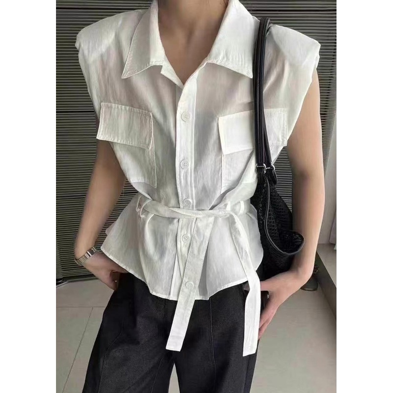 Waist Collar Tie Summer Cotton Peter White Pan Blouses