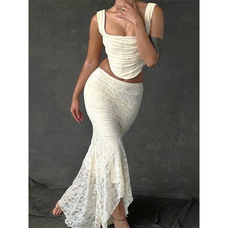 / Waist Mermaid Top Tank Skirt Plain High Lace Square Crop Maxi Neck