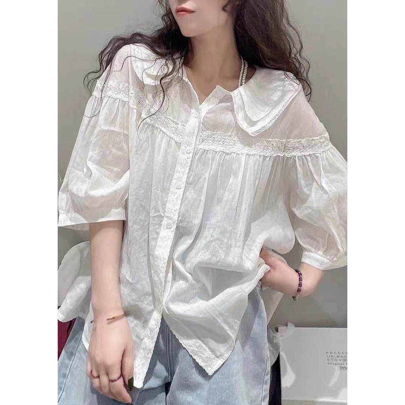 White Lace Sleeve Pan Half Peter Cotton Size Blouses Collar Plus