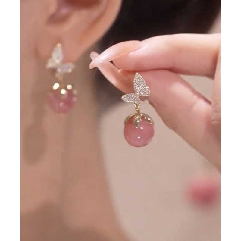 Zircon Cute Eye Butterfly Alloy Stone Cat Stud Pink Earrings