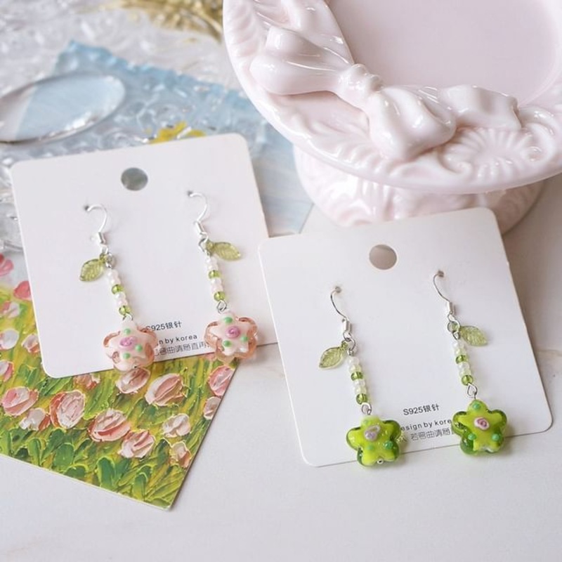 Alloy Earring Dangle Floral|1 Pair – Clip On Earrings – Green|1 Pair – Clip On Earrings – Pink|1 Pair – Stud Earrings – Green|1 Pair – Stud Earrings – Pink|One Size