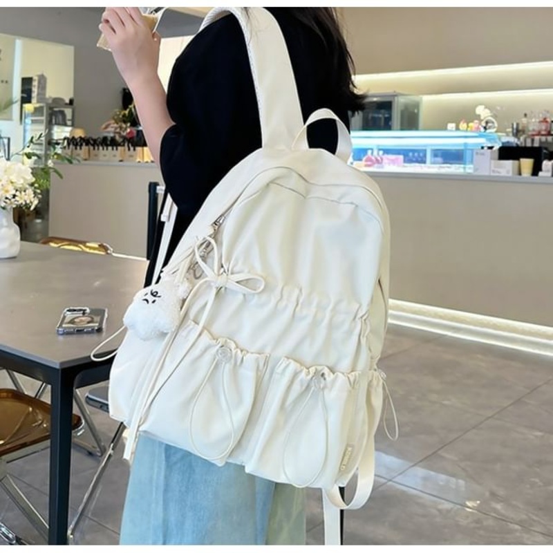 Bow Nylon Backpack Plain Drawstring