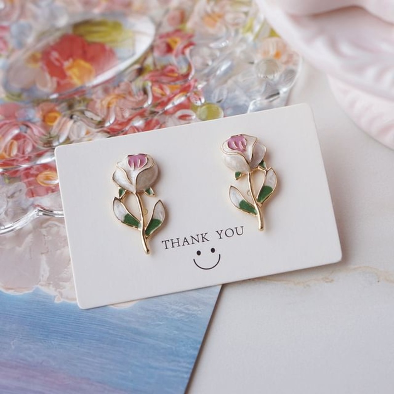 Earring Alloy Stud Floral|1 Pair – Stud Earrings – Off-White & Pink & Green|One Size