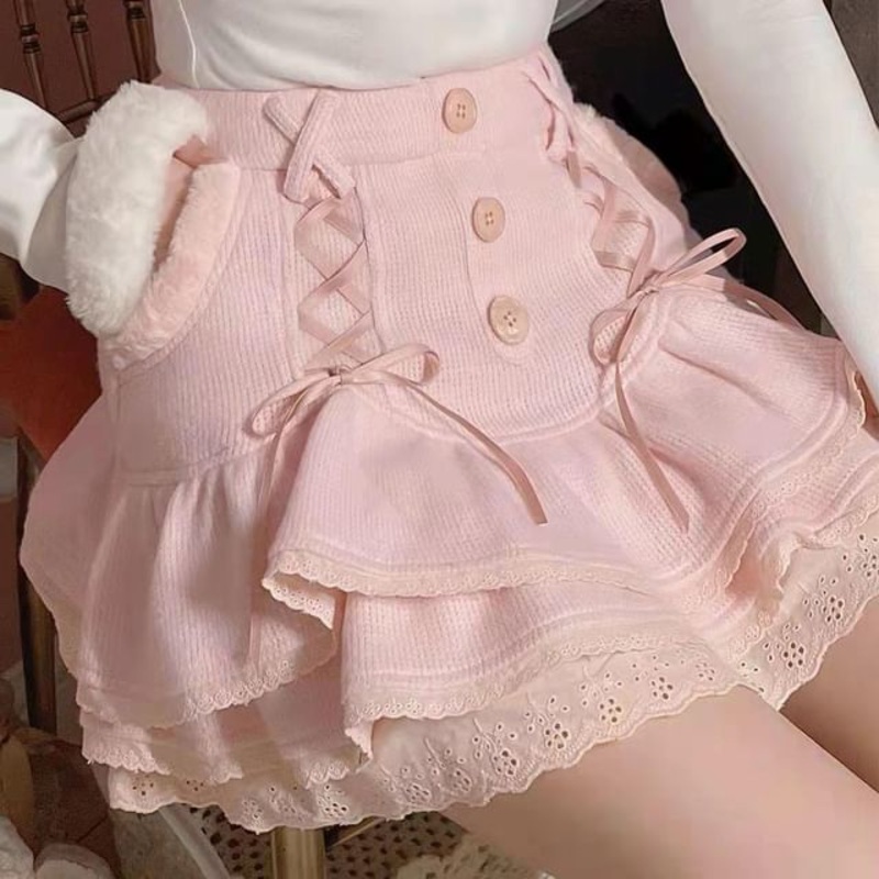 High Trim Lace Waist Tiered Skirt Mini Knit