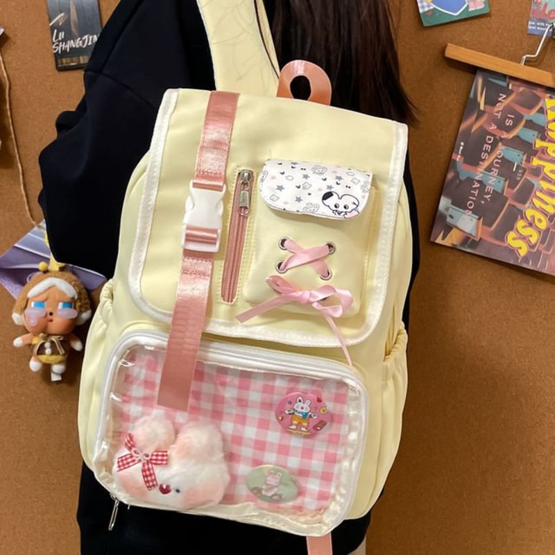 PVC Backpack Nylon Ribbon Buckled Gingham Panel
