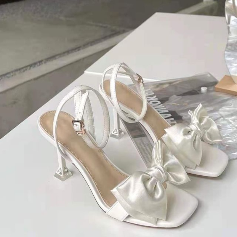 Bow High Heel Accent Sandals|Black|White|34|35|36|37|38|39