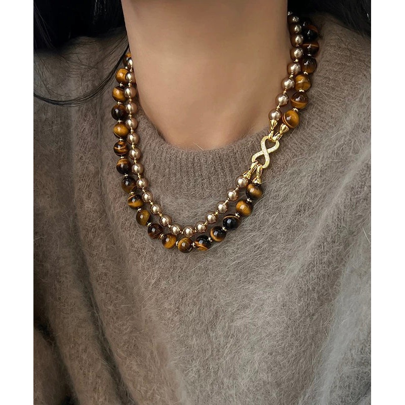Double-Layer Bead Gratuated Pearl Necklace Tiger’s-Eye Copper New