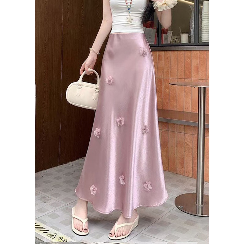 Floral Silk Stylish High Pink Skirt Summer Waist