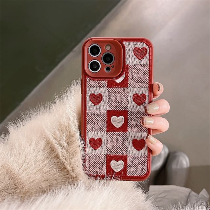 Print Plaid Heart Phone Case|Red|iPhone 14 Plus