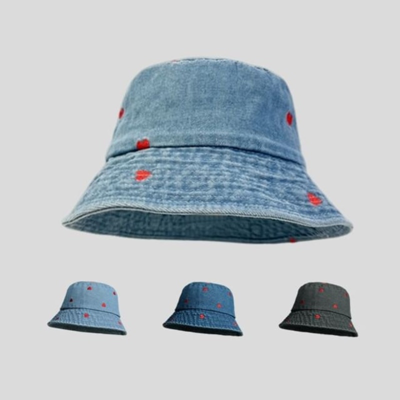 Washed Heart Bucket Denim Hat Embroidered
