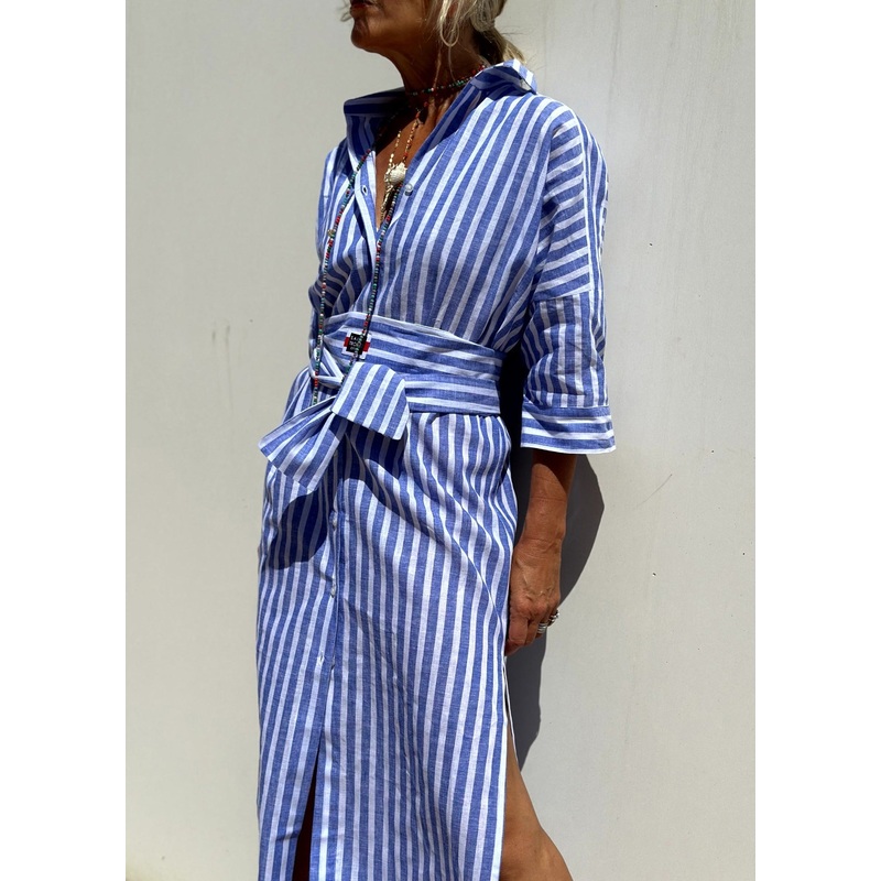 Blue Long Striped Casual Open Patchwork Side Shirts Dress