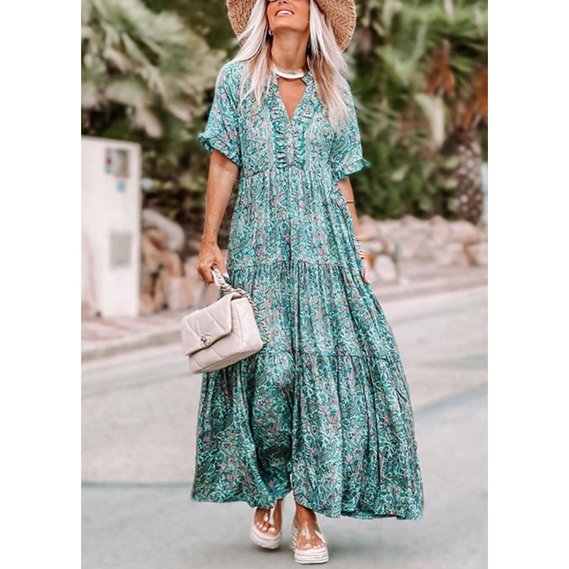 Blue Ruffled Dress Patchwork Sleeve Maxi Short