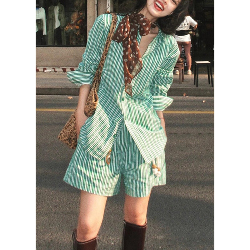 Bohemian Pan Striped Collar Green Summer Set Pieces Two Peter And Shirts Shorts