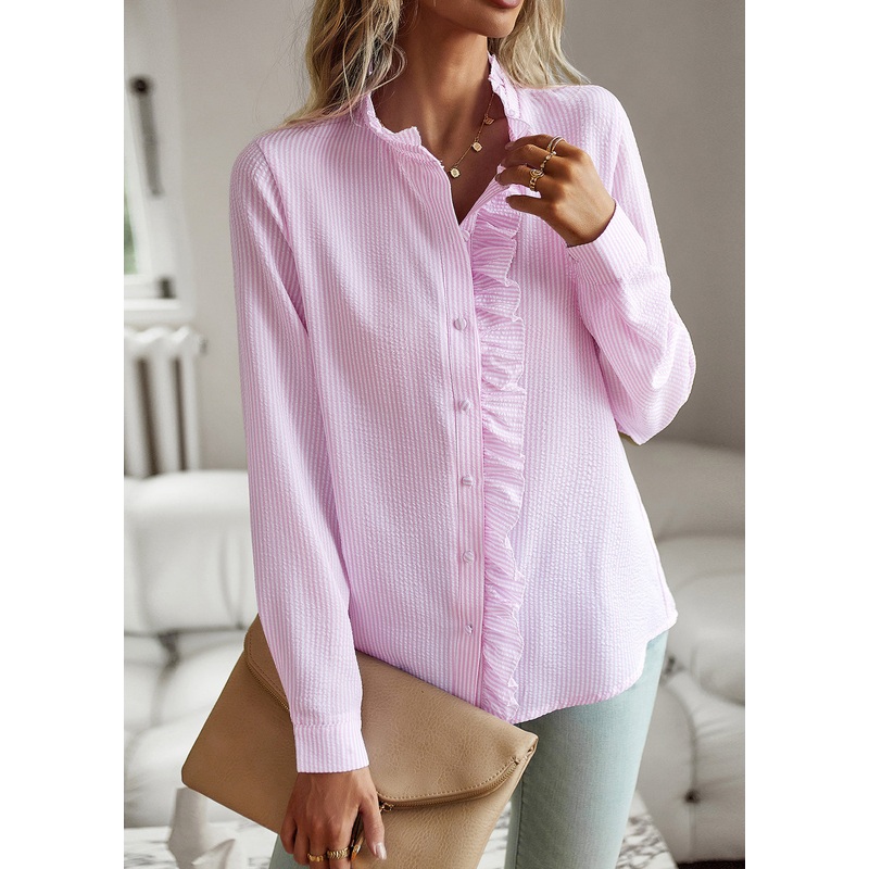 Button Stand Fall Pink Cute Collar Shirt