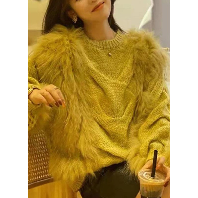 Fall Fluffy Fashion Cozy Fuzzy O-Neck Cotton Sweaters Fur Yellow Knit