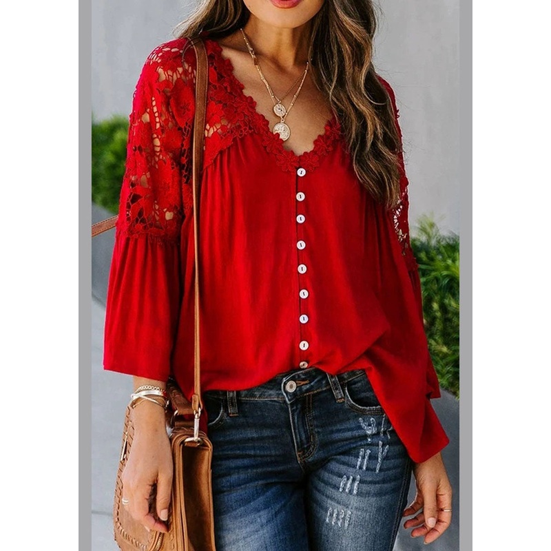 Lace Solid Women Fall Red Patchwork Top